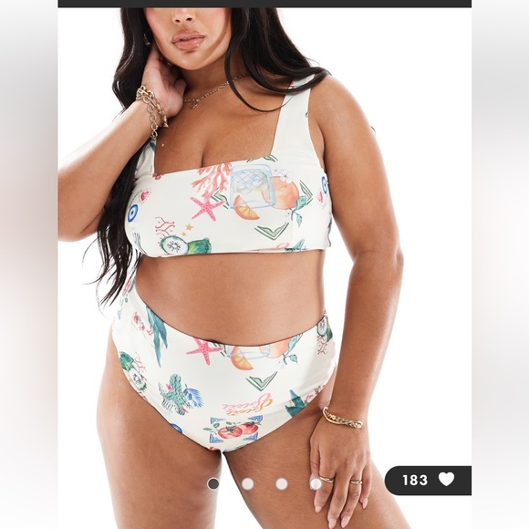 ASOS Curve Other - ASOS DESIGN Curve high leg high waist bikini bottom/ top in postcard print
